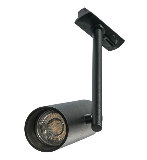 Czarny reflektor szynowy z cylindrycznym kloszem i prostym ramieniem montażowym. Lampa posiada widoczny element oświetleniowy wewnątrz klosza.