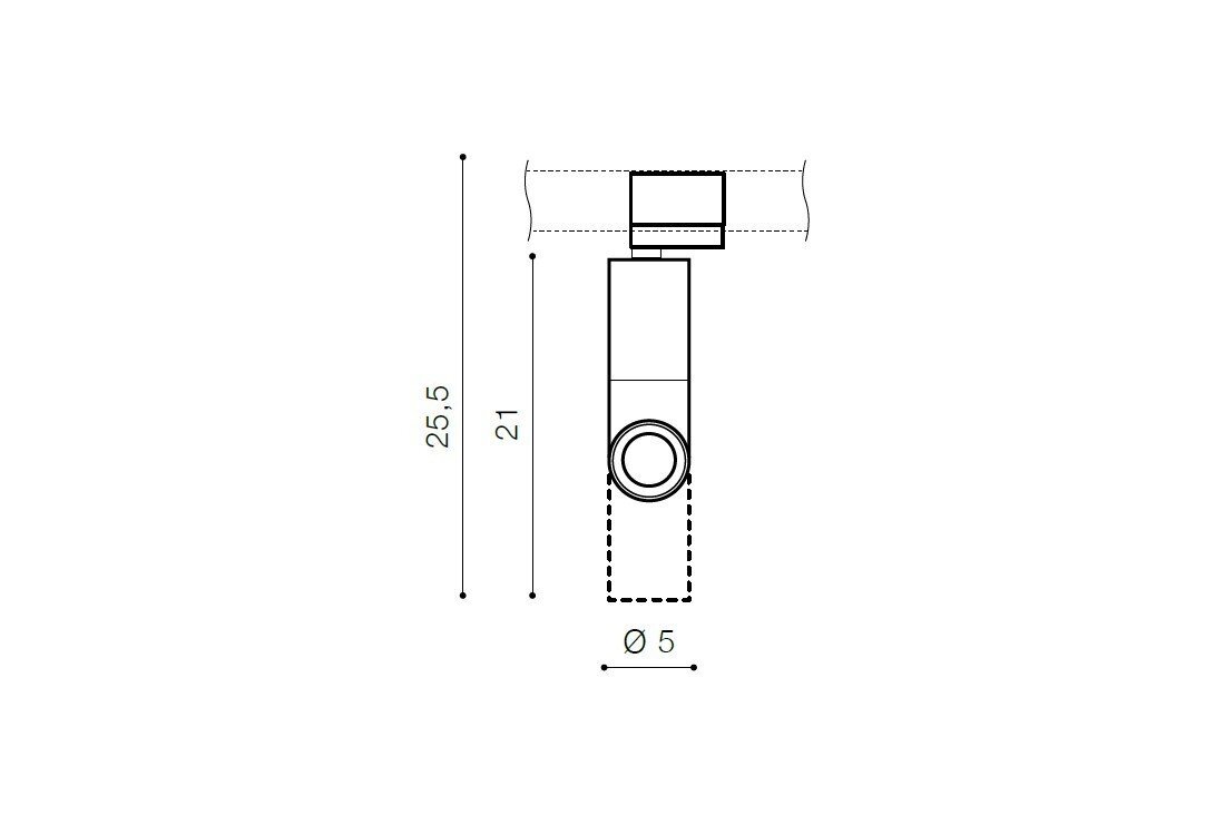 Schematyczny rysunek reflektora spot szynowego z oznaczeniami wymiarów: wysokość 25,5 cm, długość 21 cm, średnica 5 cm.