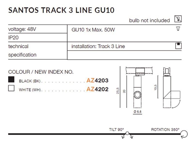 Obraz przedstawia specyfikację reflektora szynowego SANTOS TRACK 3 LINE GU10. Zawiera informacje o napięciu 48V, maksymalnej mocy 50W, klasie IP20 oraz dostępnych kolorach: czarnym (AZ4203) i białym (AZ4202).