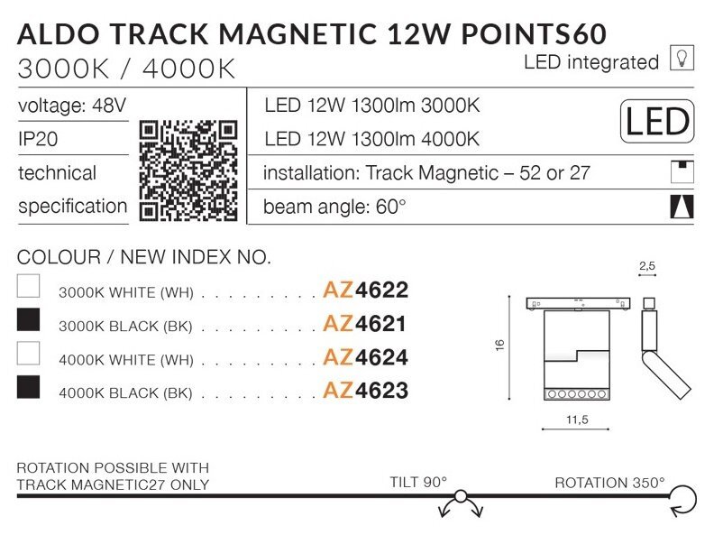 Obraz przedstawia specyfikację techniczną produktu \'Azzardo ALDO TRACK MAGNETIC AZ4621 Spot Szynowy LED 12W Reflektor Lampa do Szyny Magnetycznej\', zawierającą informacje o napięciu, kącie wiązki, kolorach i indeksach oraz ilustrację produktu.