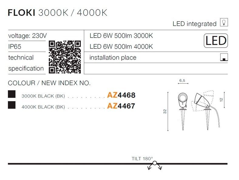 Obraz przedstawia specyfikację reflektora LED do gruntu Azzardo FLOKI z temperaturą barwową 3000K/4000K, zintegrowanym LED, napięciem 230V, klasą ochrony IP65 oraz nowymi indeksami AZ4468 i AZ4467. Widoczny jest również schemat montażu oraz kod QR.
