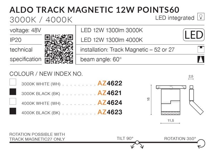 Obraz przedstawia specyfikację techniczną lampy szynowej LED ALDO TRACK MAGNETIC 12W POINTS60 z informacjami o napięciu 48V, kącie świecenia 60° i dostępnych kolorach: 3000K białym i czarnym oraz 4000K białym i czarnym. Widoczny jest również schemat montażu oraz kod QR do specyfikacji technicznej.