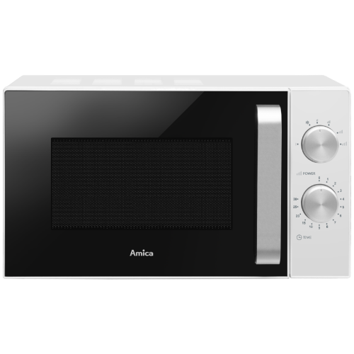 Biała kuchenka mikrofalowa z czarnymi drzwiczkami, na których widnieje logo \'Amica\'. Po prawej stronie znajdują się dwa pokrętła z oznaczeniami \'Power\' i \'Time\'.