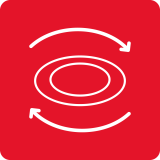 Czerwony kwadrat z białym symbolem przedstawiającym dwa okręgi i dwie strzałki wskazujące ruch obrotowy.