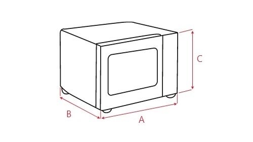 Schematyczny rysunek kuchenki mikrofalowej z oznaczeniami wymiarów A, B i C. Urządzenie ma prostokątny kształt z widocznymi drzwiami na przedniej części.