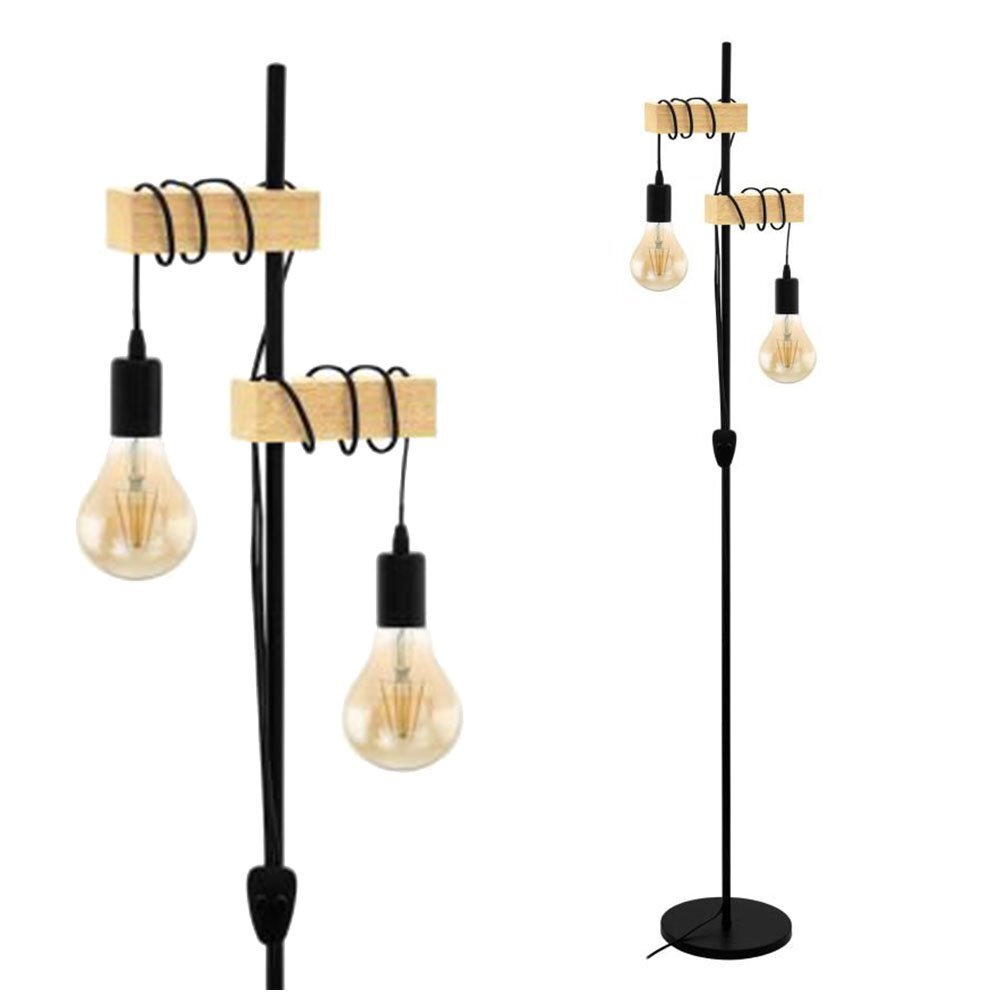 Lampa podłogowa z dwoma żarówkami wiszącymi na czarnych kablach, zamocowanymi na drewnianych elementach. Podstawa lampy jest okrągła i czarna.
