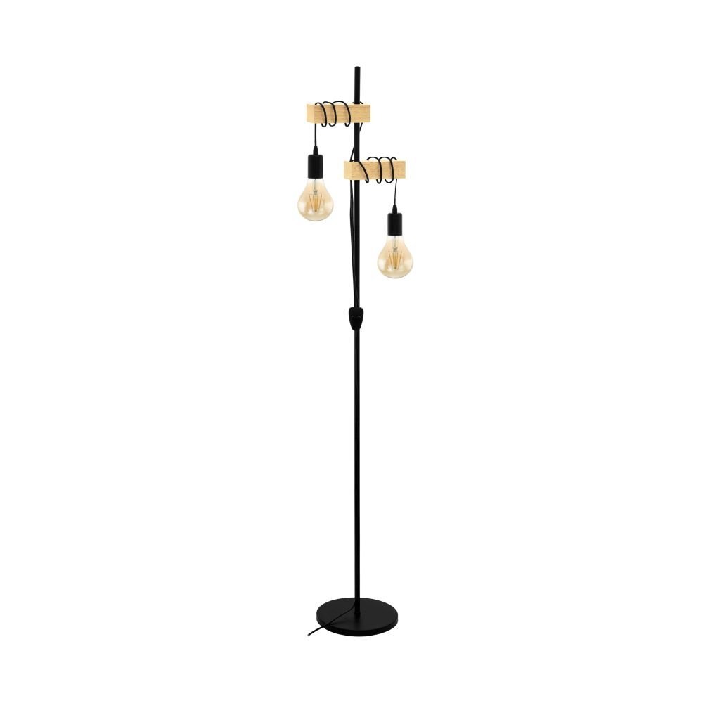 Lampa podłogowa z czarną podstawą i dwoma żarówkami zawieszonymi na drewnianych uchwytach. Żarówki są widoczne i mają spiralne przewody.