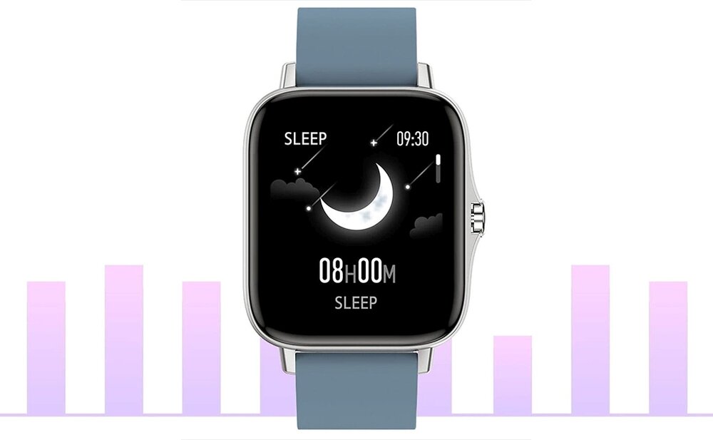 Smartwatch z niebieskim paskiem wyświetla ekran z grafiką księżyca i chmur oraz tekstem: \'SLEEP\', \'09:30\', \'08H00M\'.