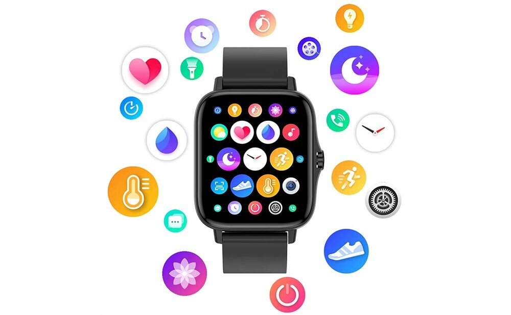 Smartwatch z czarnym paskiem i kolorowym wyświetlaczem, na którym widoczne są różnorodne ikony aplikacji. Wokół zegarka znajdują się dodatkowe ikony w kształcie okręgów, przedstawiające różne funkcje i aplikacje.