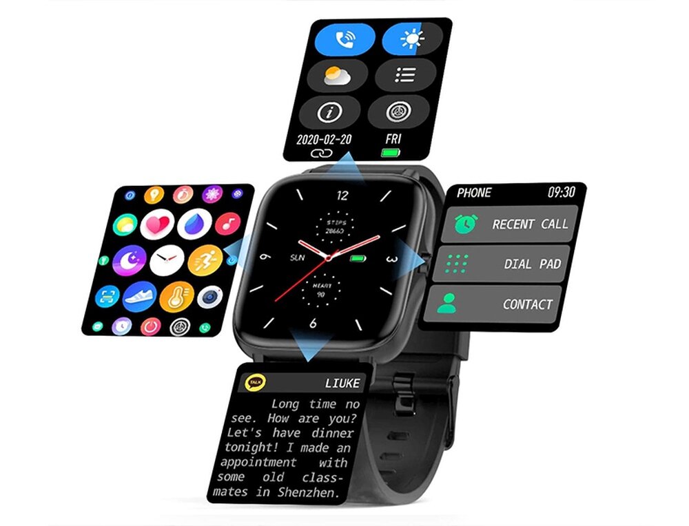 Smartwatch z czarnym paskiem i wyświetlaczem pokazującym różne funkcje, takie jak zegar, powiadomienia, aplikacje i wiadomości. Na ekranie widoczny jest tekst: \'Long time no see. How are you? Let\'s have dinner tonight! I made an appointment with some old classmates in Shenzhen.\'