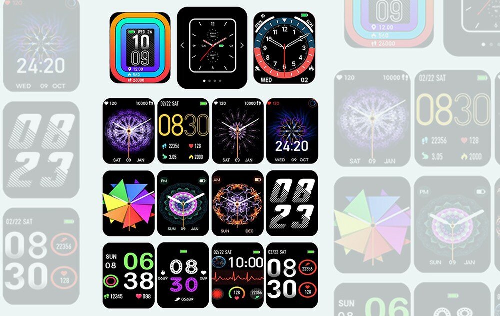 Obraz przedstawia różne tarcze zegarka smartwatch z kolorowymi i różnorodnymi wzorami, w tym cyfrowe i analogowe wyświetlacze oraz motywy graficzne. Widoczne są elementy takie jak godzina, data i wskaźniki aktywności.