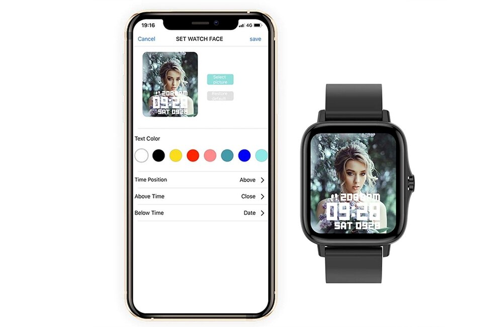 Obraz przedstawia smartfon z aplikacją do ustawiania tarczy zegarka oraz smartwatch z wyświetloną tarczą z wizerunkiem kobiety i cyfrowym zegarem. Na ekranie smartfona widoczny jest tekst: \'SET WATCH FACE\', \'Text Color\', \'Time Position\', \'Above Time\', \'Below Time\'.