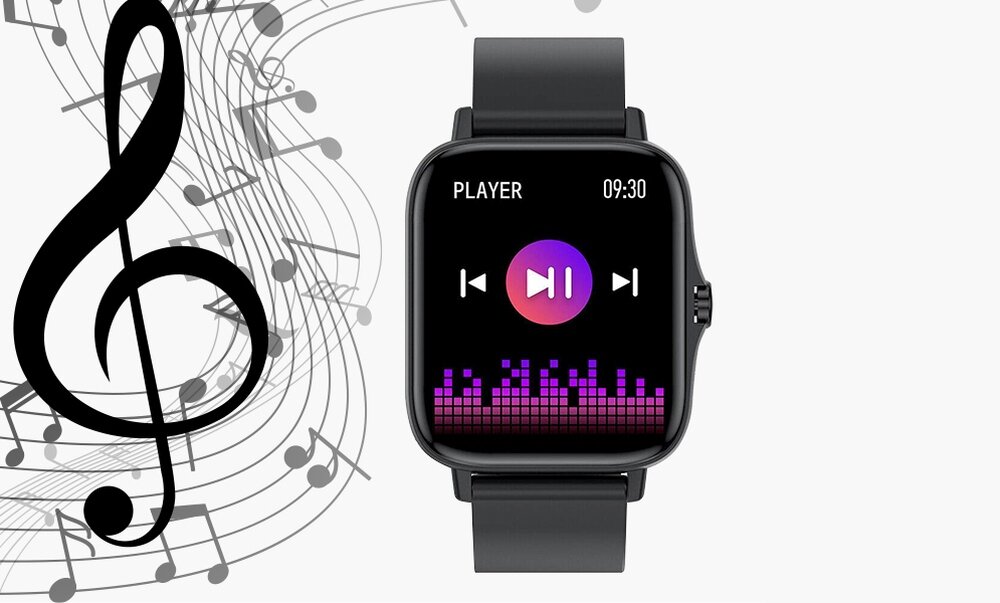 Smartwatch z czarnym paskiem i wyświetlaczem pokazującym ekran odtwarzacza muzyki z ikoną play oraz napisem \'PLAYER\' i godziną \'09:30\'. Obok zegarka widoczny jest klucz wiolinowy i nuty na pięciolinii.