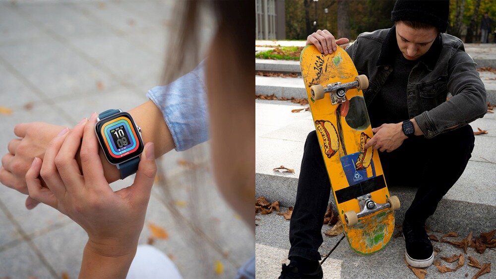 Po lewej stronie osoba nosi smartwatch z kolorowym wyświetlaczem, na którym widoczna jest godzina 10:09. Po prawej stronie osoba siedzi na schodach, trzymając deskorolkę z żółtym wzorem i naklejkami.