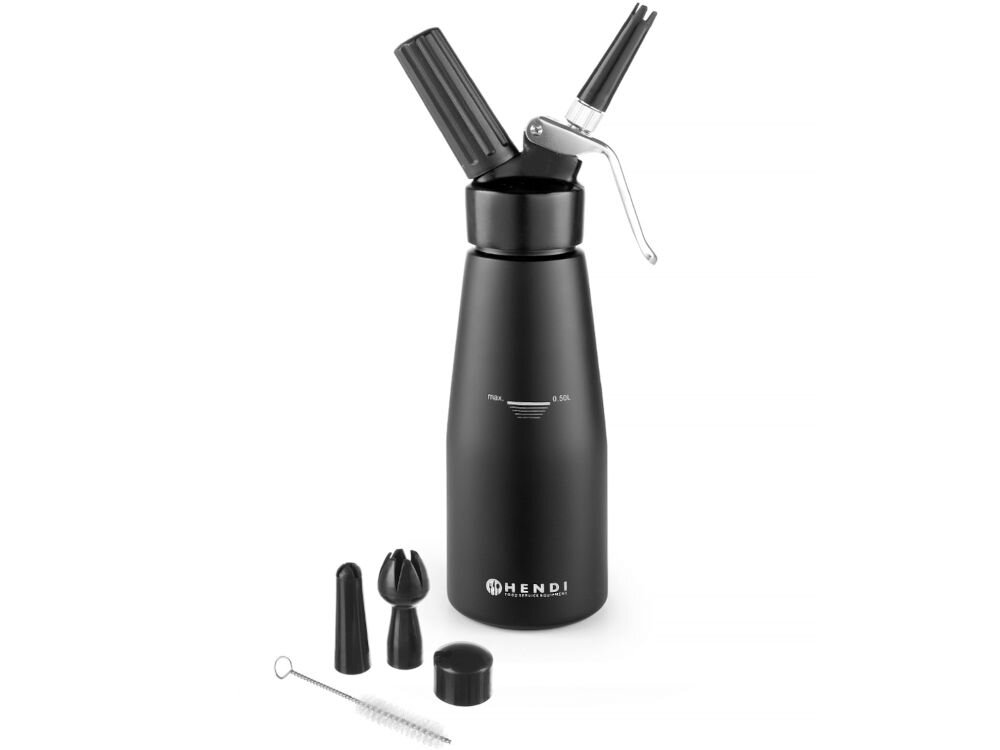 Czarny syfon do bitej śmietany z logo HENDI, z kilkoma wymiennymi końcówkami i szczoteczką do czyszczenia. Na syfonie widoczne oznaczenia pojemności: 0.25 L i 0.5 L.