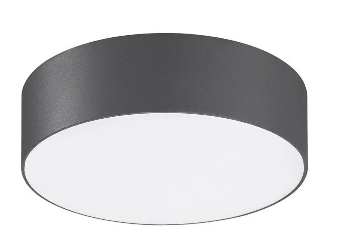 Zewnętrzna lampa sufitowa LED o okrągłym kształcie, z ciemnym obramowaniem i białym kloszem.