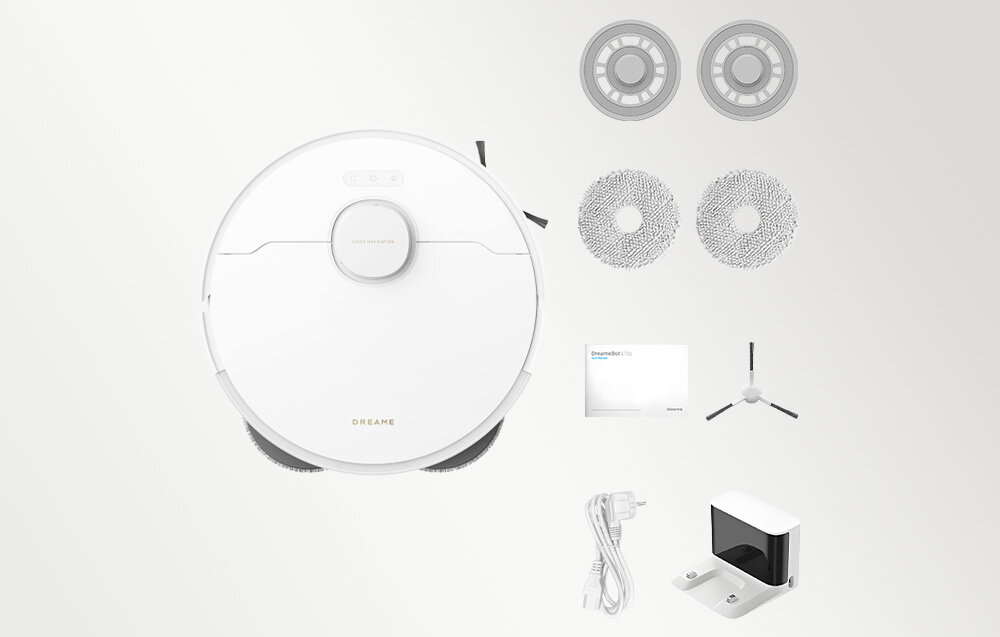 Na obrazie znajduje się biały robot sprzątający z logo \'DREAME\' oraz akcesoria: dwie okrągłe szczotki, dwie nakładki czyszczące, kabel zasilający, stacja dokująca i instrukcja obsługi. Wszystkie elementy są rozmieszczone na jasnym tle.