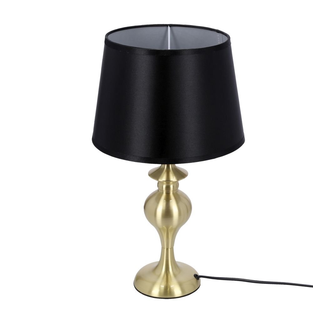 Lampa stołowa z czarnym abażurem i złotą podstawą, widoczna na białym tle.