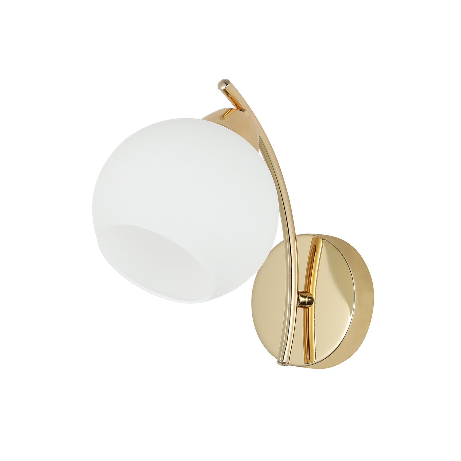 Kinkiet ścienny z okrągłym, białym kloszem i złotą, metalową podstawą. Nowoczesny design z eleganckim wykończeniem.
