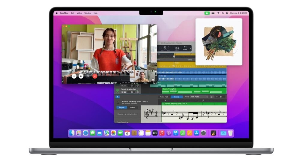 Laptop z wyświetlaczem pokazującym różne aplikacje, w tym wideorozmowę, edytor muzyczny i notatki. Na ekranie widoczne są kolorowe ikony aplikacji na dolnym pasku.