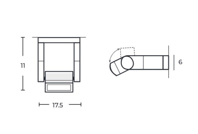 Schematyczny rysunek kinkietu zewnętrznego LED z wymiarami: wysokość 11 cm, szerokość 17,5 cm, głębokość 6 cm.