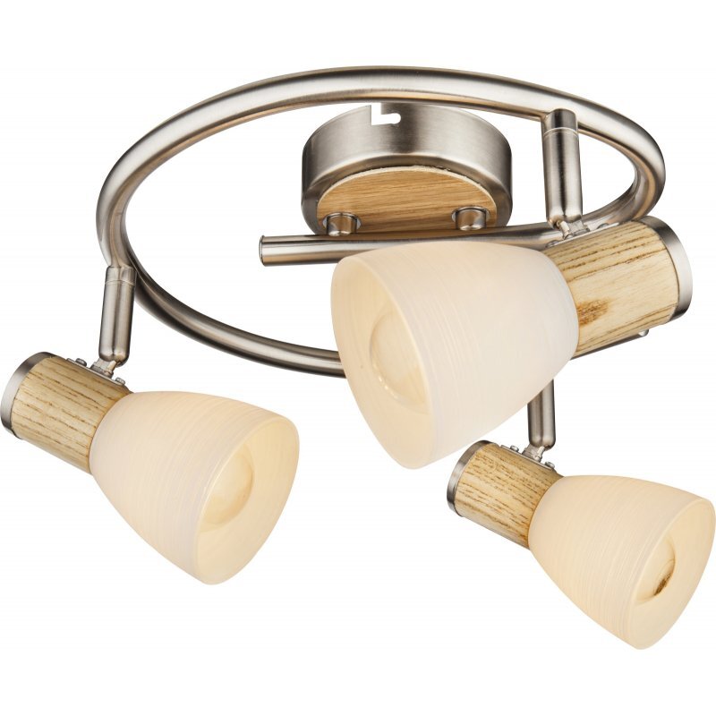 Lampa sufitowa z trzema kloszami w kolorze opalowym, zamontowana na metalowej konstrukcji z elementami drewnianymi.