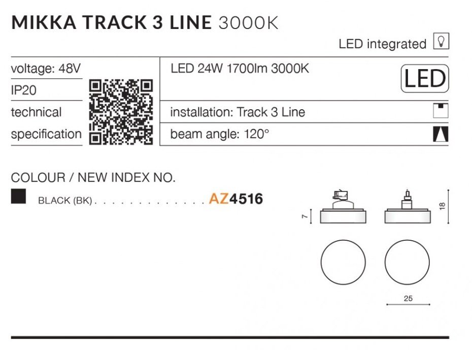 Obraz przedstawia specyfikację techniczną reflektora szynowego LED MIKKA TRACK 3 LINE 3000K. Zawiera informacje takie jak napięcie 48V, moc 24W, strumień świetlny 1700lm, kąt świecenia 120°, oraz kolor czarny z indeksem AZ4516.