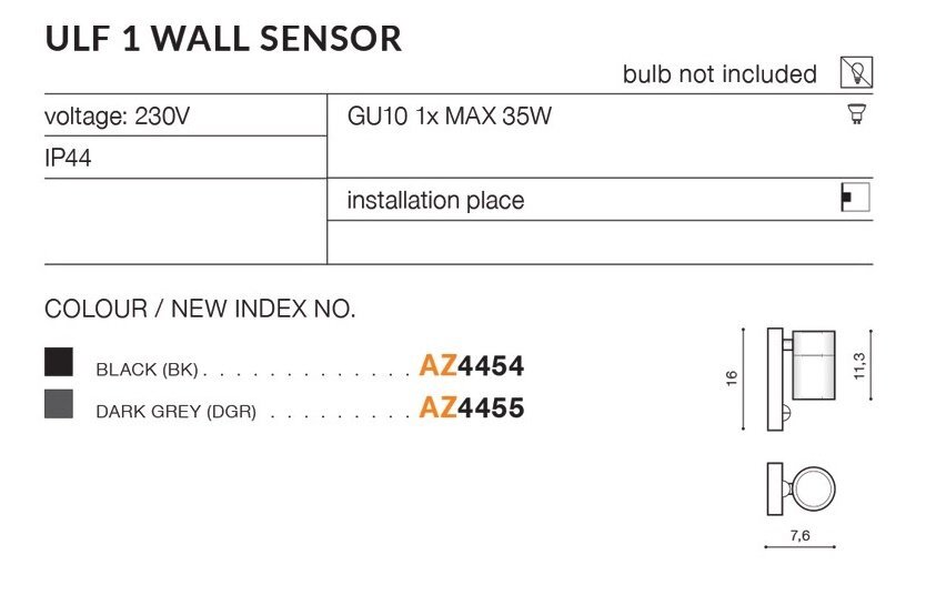 Obraz przedstawia specyfikację kinkietu zewnętrznego ULF 1 WALL SENSOR z czujnikiem ruchu. Zawiera informacje o napięciu 230V, typie żarówki GU10 1x MAX 35W, klasie ochrony IP44 oraz dostępnych kolorach: czarnym (AZ4454) i ciemnoszarym (AZ4455).