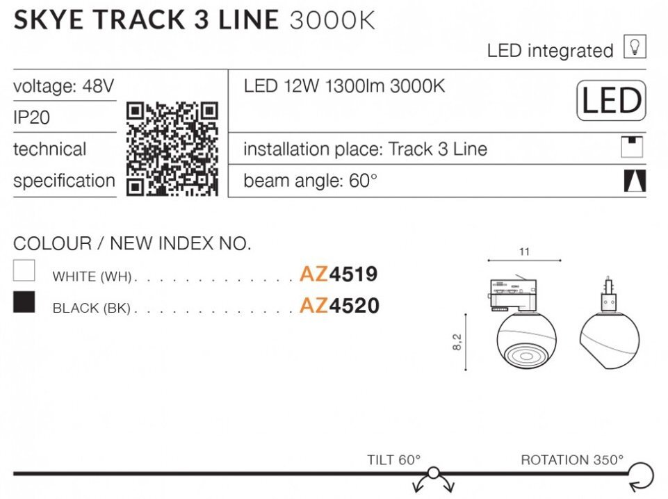 Obraz przedstawia specyfikację techniczną reflektora szynowego LED 12W Azzardo SKYE TRACK 3LINE AZ4519, z informacjami takimi jak napięcie 48V, IP20, kąt świecenia 60°, oraz dostępne kolory: biały (AZ4519) i czarny (AZ4520). Widoczne są również schematy wymiarów oraz oznaczenia dotyczące instalacji i zintegrowanego oświetlenia LED.