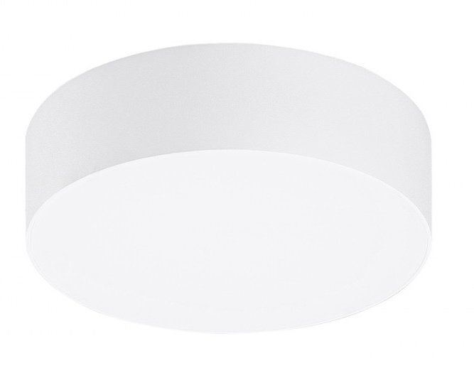Zewnętrzna lampa sufitowa LED o okrągłym kształcie i białej powierzchni, przeznaczona do montażu na tarasie lub przy wejściu.