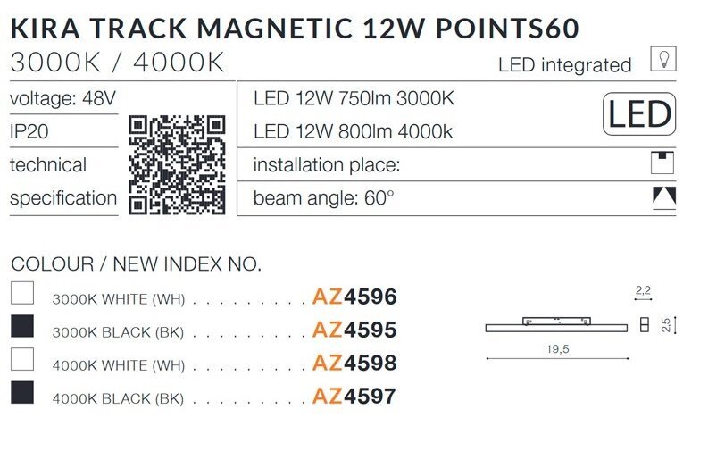 Zdjęcie przedstawia specyfikację techniczną oprawy szynowej LED 12W Azzardo KIRA Track Magnetic AZ4595 z informacjami o temperaturze barwowej 3000K/4000K, napięciu 48V, IP20, kącie wiązki 60° oraz indeksami kolorów i nowymi numerami indeksów AZ4596, AZ4595, AZ4598, AZ4597. Widoczne są również kody QR oraz schematyczny rysunek produktu z wymiarami.