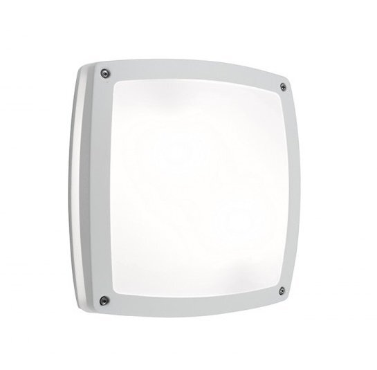 Kwadratowa lampa sufitowa zewnętrzna o białej obudowie z czterema widocznymi śrubami w narożnikach. Przednia część lampy jest płaska i jednolicie biała.
