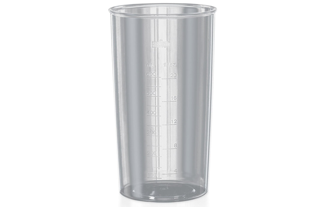 Przezroczysty pojemnik z miarką, oznaczenia w mililitrach i uncjach do 600 ml i 20 oz. Na pojemniku widoczne jest logo \'BRAUN\'.