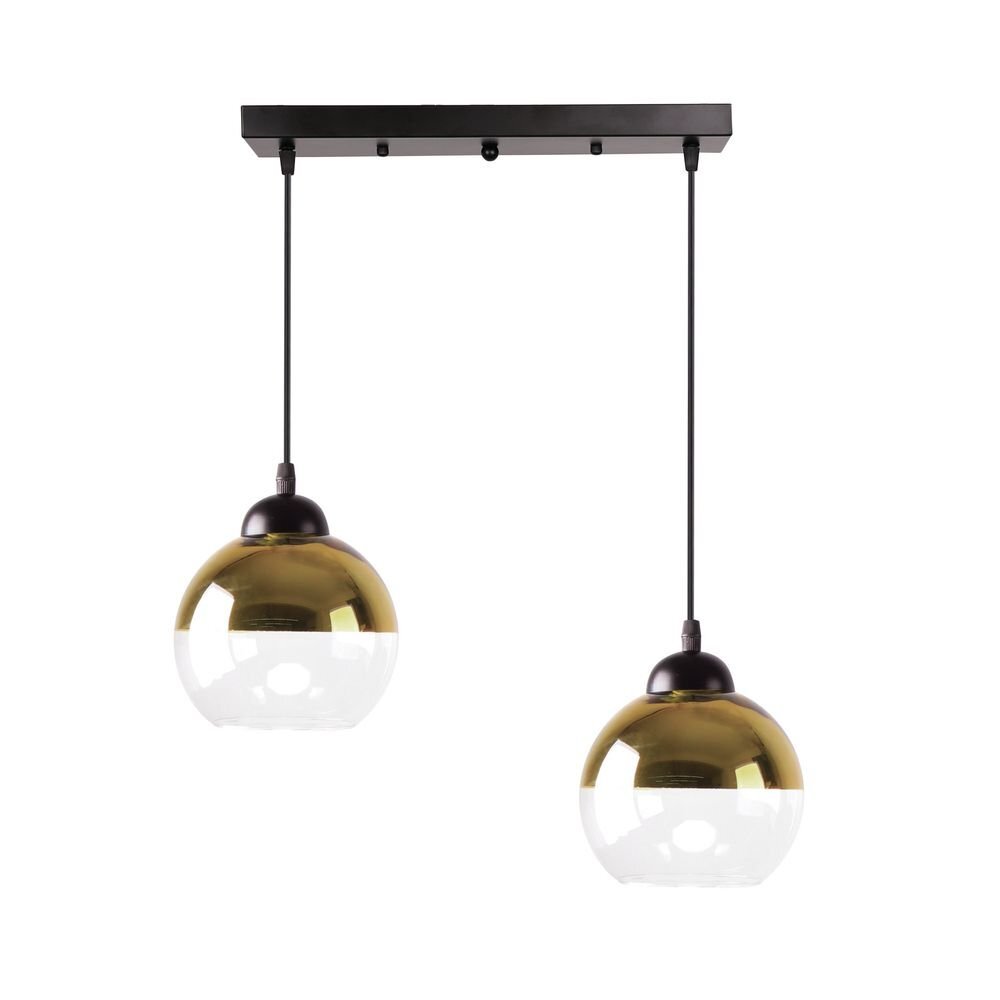 Lampa wisząca z dwoma kulistymi kloszami w kolorze złoto-białym, zawieszona na czarnym prostokątnym uchwycie sufitowym.