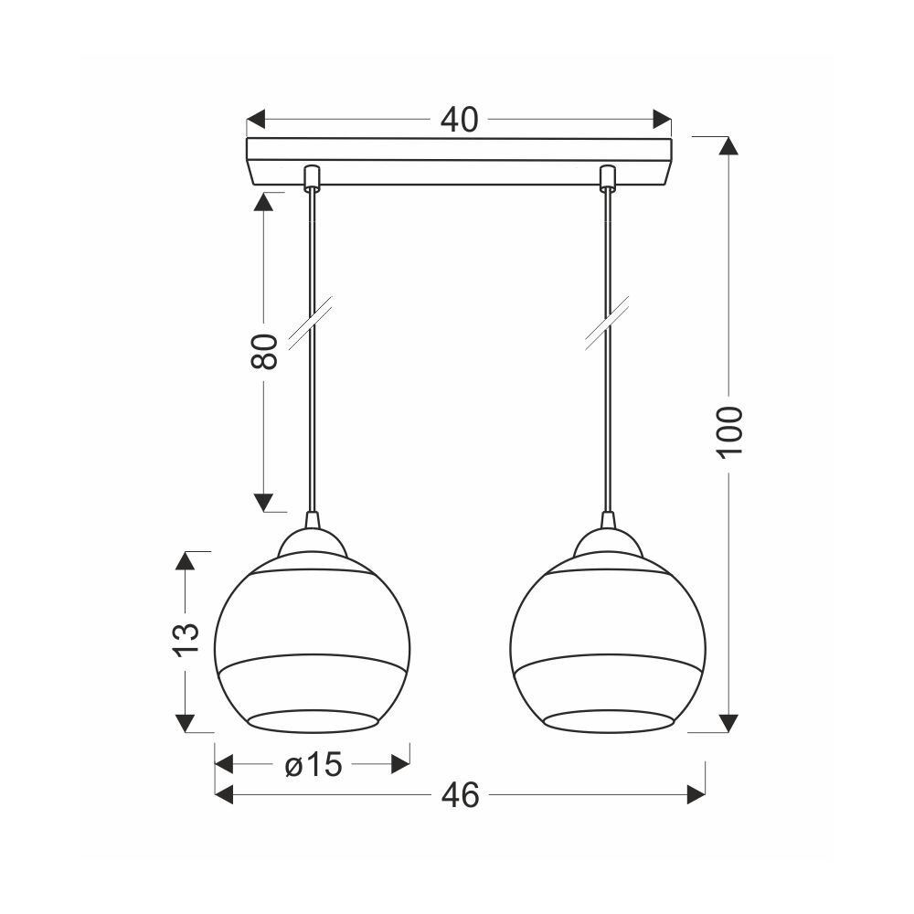 Schemat lampy wiszącej z dwoma kulistymi kloszami, z wymiarami: długość listwy 40 cm, wysokość całkowita 100 cm, średnica klosza 15 cm, odległość między kloszami 46 cm.