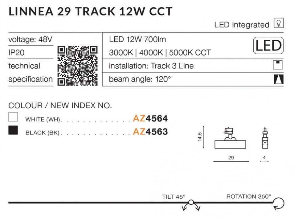 Obraz przedstawia specyfikację techniczną reflektora szynowego LED 12W LINNEA 29 TRACK 3LINE CCT Azzardo AZ4563, z informacjami o napięciu 48V, IP20, kącie wiązki 120°, oraz dostępnych kolorach i indeksach. Widoczne są również symbole graficzne, kody QR oraz teksty dotyczące instalacji i temperatury barwowej 3000K, 4000K, 5000K CCT.