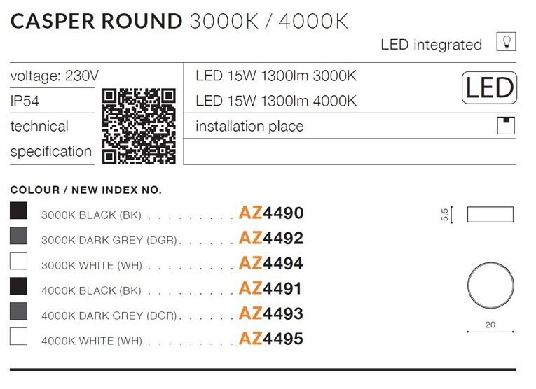 Obraz przedstawia specyfikację techniczną zewnętrznej lampy sufitowej LED 15W Azzardo Casper Round AZ4492, z informacjami o napięciu 230V, klasie IP54, oraz dostępnych kolorach i indeksach. Widoczne są również kody QR, symbole LED, oraz schematy wymiarów.