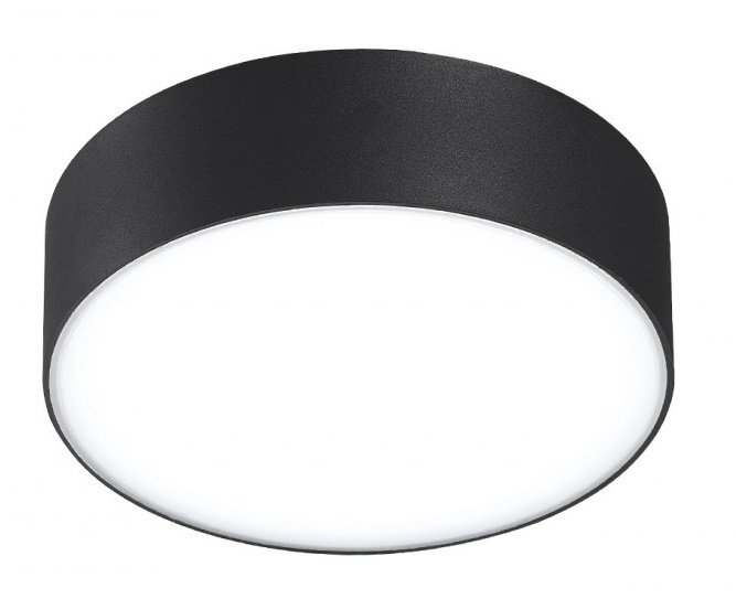 Czarna, okrągła zewnętrzna lampa sufitowa LED z białym kloszem.