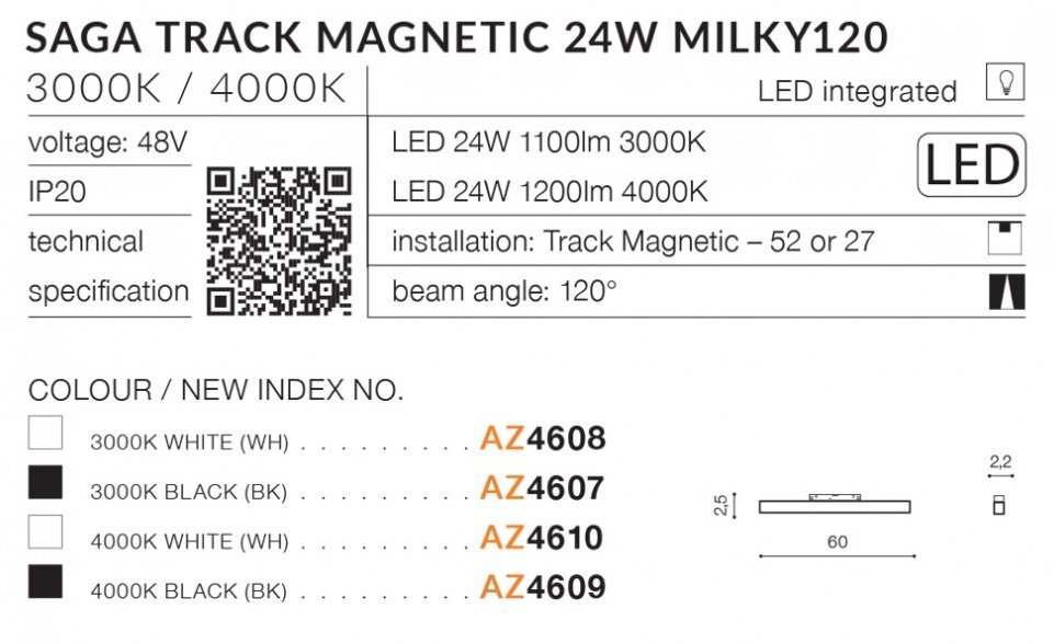 Zdjęcie przedstawia specyfikację techniczną lampy szynowej LED 24W Azzardo SAGA TRACK MAGNETIC AZ4609, z informacjami o temperaturze barwowej 3000K/4000K, napięciu 48V, klasie IP20 oraz kącie wiązki 120°. Widoczny jest również kod QR, różne indeksy kolorów oraz schemat instalacji.