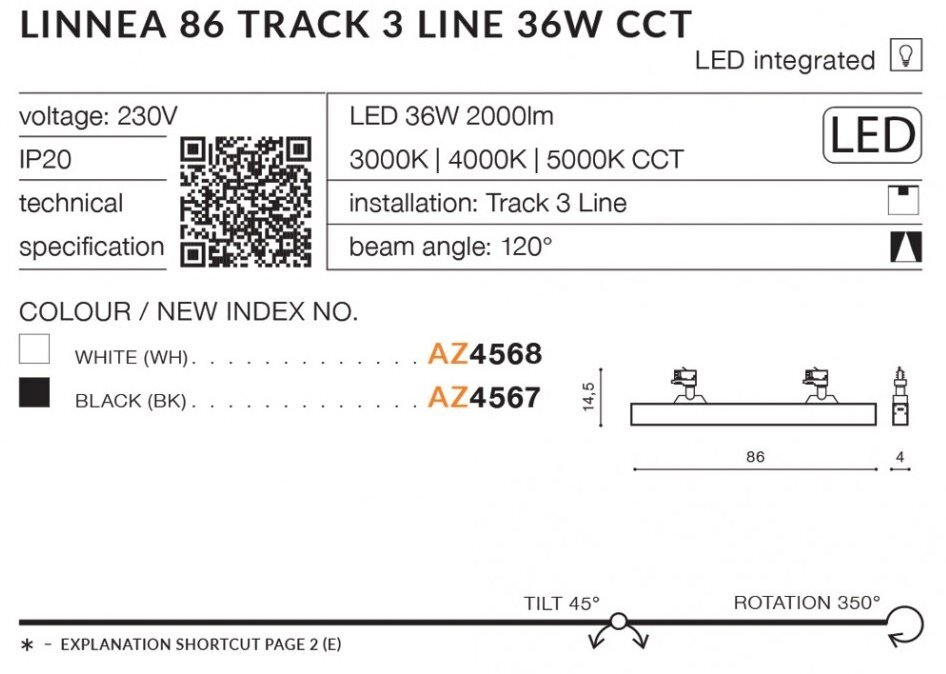 Specyfikacja techniczna lampy szynowej LED 36W Azzardo LINNEA 86 TRACK 3LINE CCT AZ4568 z regulowaną barwą światła, zawierająca informacje o napięciu 230V, IP20, kącie wiązki 120°, oraz dostępnych kolorach białym (AZ4568) i czarnym (AZ4567). Widoczny jest również schemat montażu i QR kod.