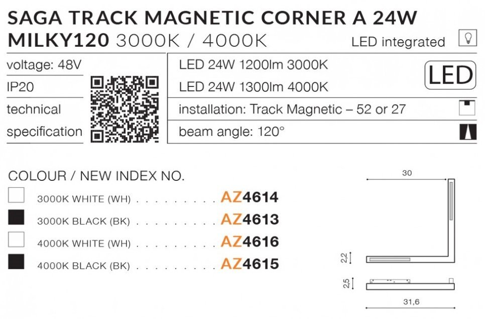 Zdjęcie przedstawia specyfikację techniczną lampy szynowej narożnej LED 24W Azzardo SAGA Track Magnetic Corner A AZ4614, z informacjami o napięciu 48V, IP20, kącie wiązki 120° oraz dostępnych kolorach i indeksach. Widoczne są również kody QR, diagramy oraz teksty dotyczące temperatury barwowej 3000K i 4000K.