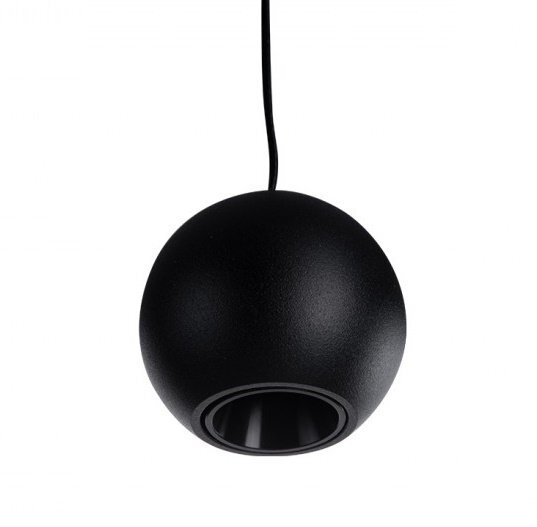 Czarna, kulista lampa wisząca z widocznym przewodem u góry. Lampa ma otwór na dole, przez który wydobywa się światło.