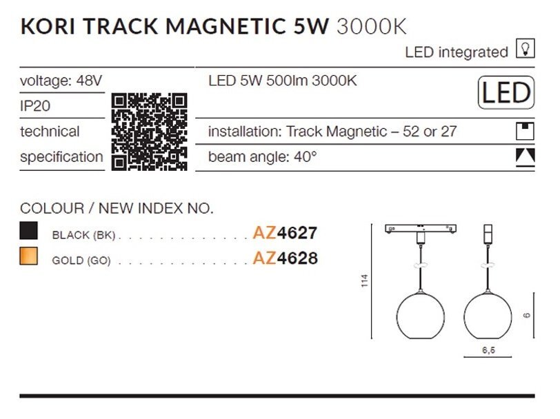 Obraz przedstawia specyfikację lampy wiszącej LED 5W Azzardo KORI TRACK MAGNETIC AZ4628, z informacjami takimi jak napięcie 48V, IP20, kąt wiązki 40°, oraz dostępne kolory: czarny (AZ4627) i złoty (AZ4628). Widoczny jest również kod QR, schemat montażu oraz oznaczenie LED 5W 500lm 3000K.