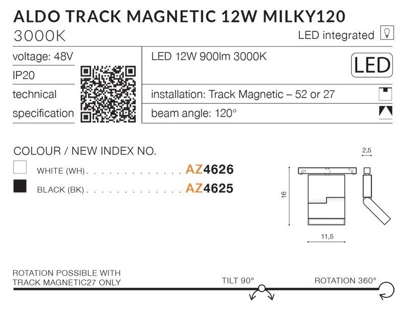 Obraz przedstawia specyfikację reflektora szynowego LED 12W ALDO TRACK MAGNETIC z informacjami o napięciu 48V, strumieniu świetlnym 900lm, temperaturze barwowej 3000K i kącie świecenia 120°. Dostępne kolory to biały (AZ4626) i czarny (AZ4625), a reflektor można obracać o 360° i pochylać o 90°.