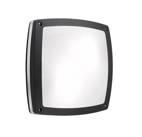 Kwadratowa lampa sufitowa z czarną ramą i białym kloszem, mocowana na cztery śruby w rogach.