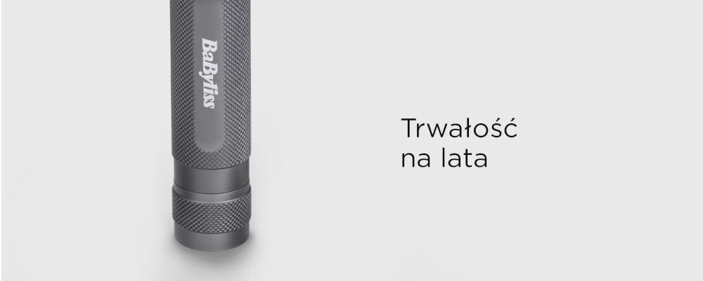 Część metalowego urządzenia z widocznym logo \'BaByliss\'. Obok znajduje się tekst: \'Trwałość na lata\'.