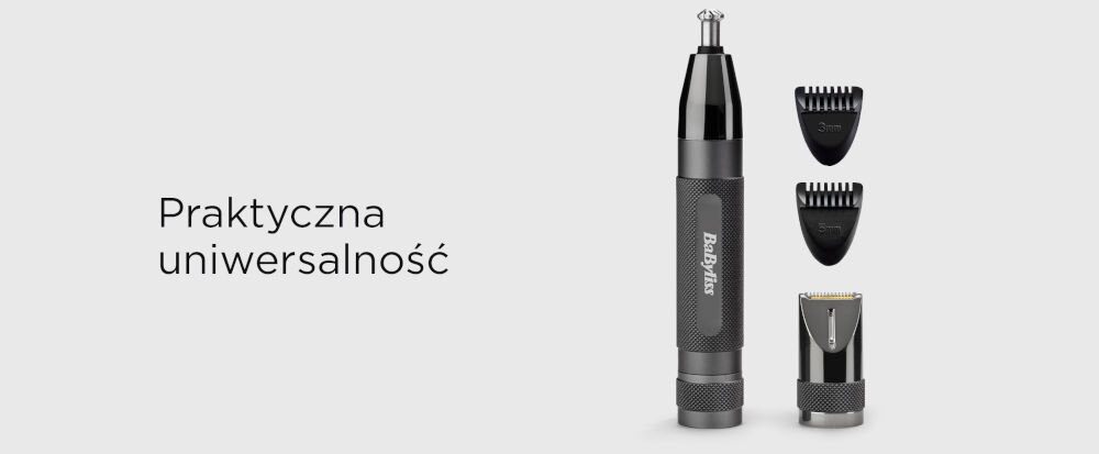 Na obrazie znajduje się trymer z logo \'Babyliss\' oraz trzy wymienne końcówki. Obok widnieje tekst: \'Praktyczna uniwersalność\'.