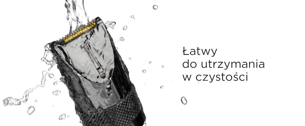 Trymer zanurzony w wodzie, z widocznymi kroplami. Obok znajduje się tekst: \'Łatwy do utrzymania w czystości\'.