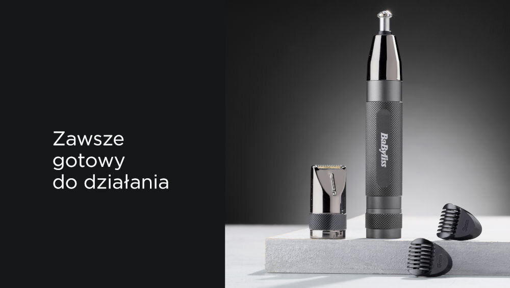 Na obrazie widoczny jest trymer z logo \'Babyliss\' oraz dwa dodatkowe elementy. Po lewej stronie znajduje się tekst: \'Zawsze gotowy do działania\'.