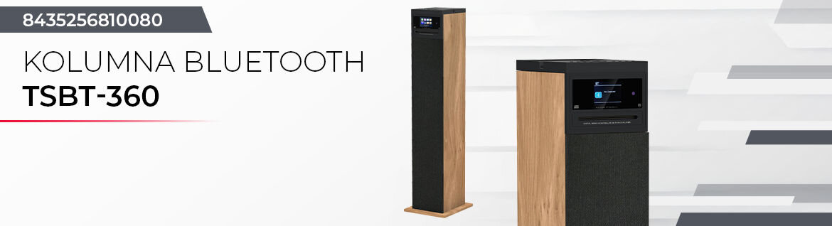 Obraz przedstawia dwie kolumny Bluetooth w kolorze czarno-brązowym z wyświetlaczami na górze. Widoczny jest tekst: \'8435256810080 KOLUMNA BLUETOOTH TSBT-360\'.
